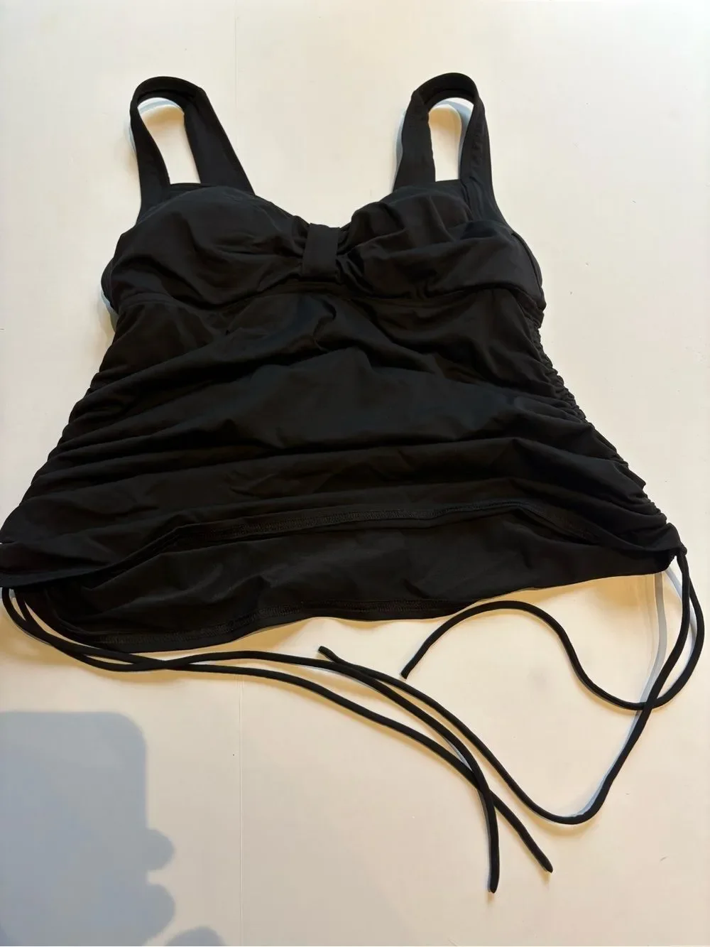 Lands' End Black Ruched Tankini Swim Top with Adjustable Side Ties Size 10